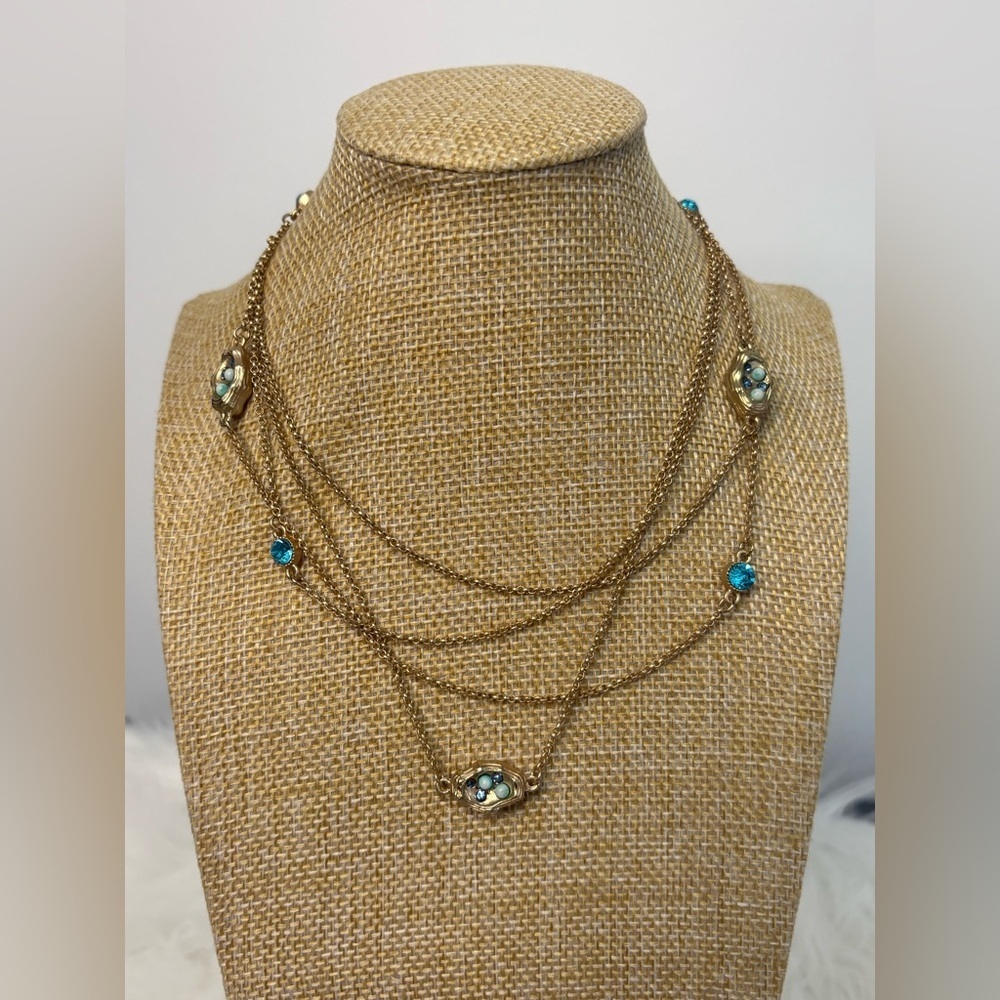 (241)Pretty Gold and Blue tone Long Costume Necklace. Wrapped for the pictures